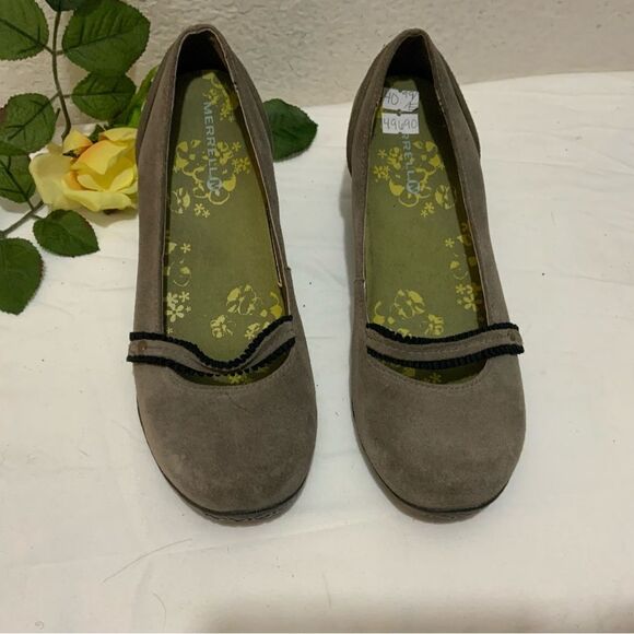 Merrell Petunia Gray Mary Janes Slip-on Suede Wedges Shoes 7/37.5 - Picture 1 of 8